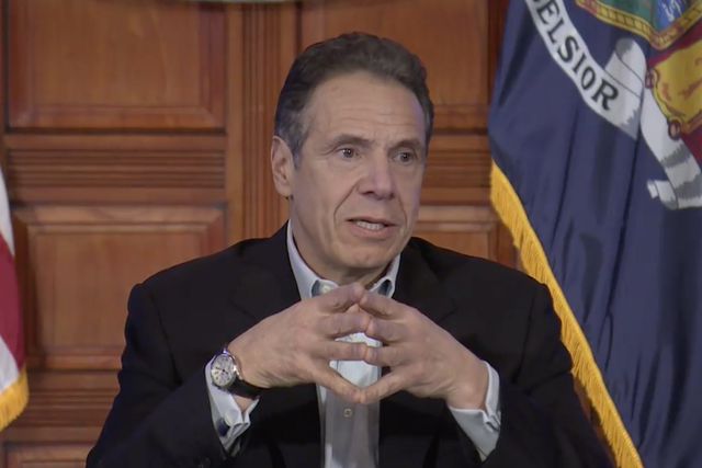 Governor Cuomo, wearing a button down and jacket, at the April 4, 2020 presser in Albany